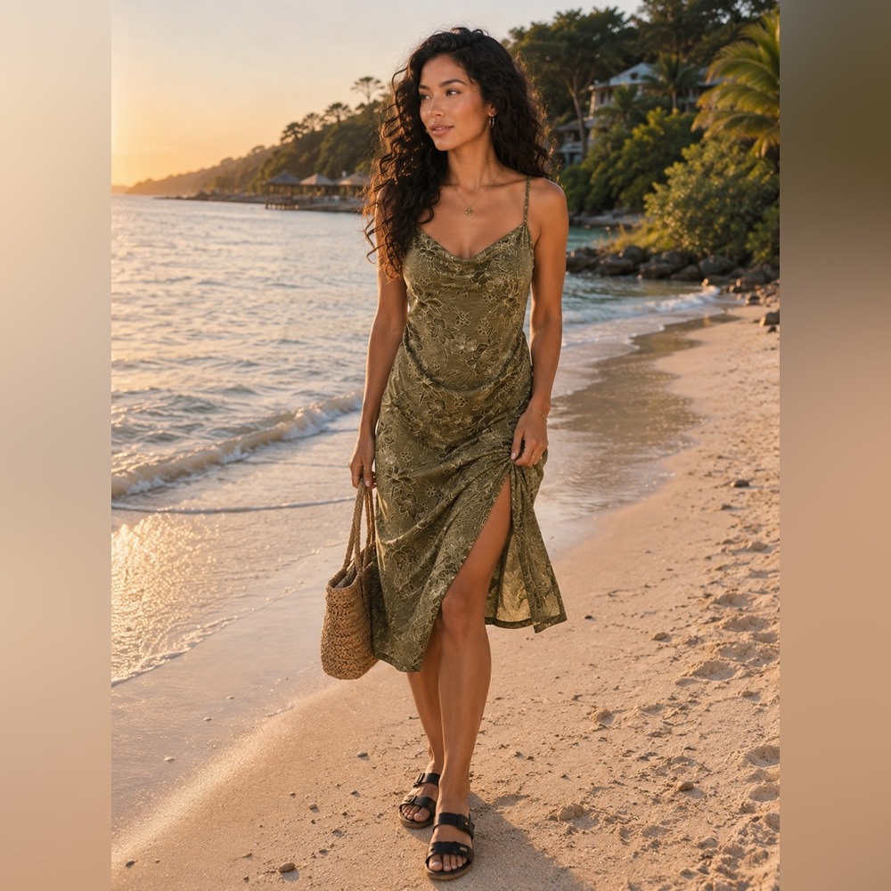 Roxy Olive Green Floral Slip Drape Front Dress M